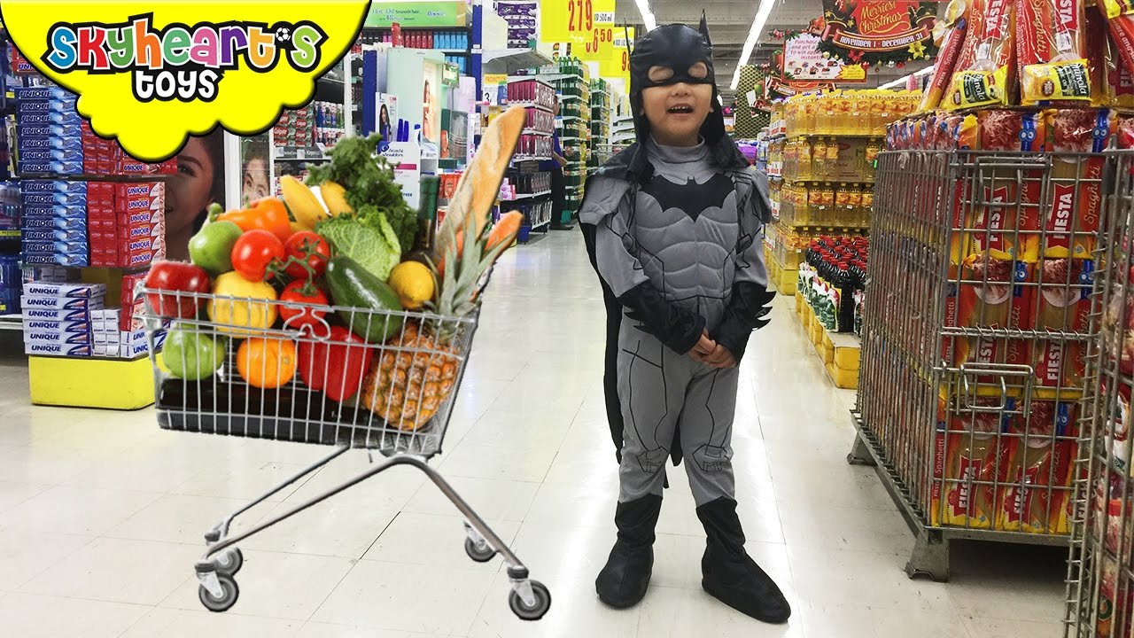 BATMAN GROCERY Shopping - Supermarket playtime activity in real life with kid and food toys