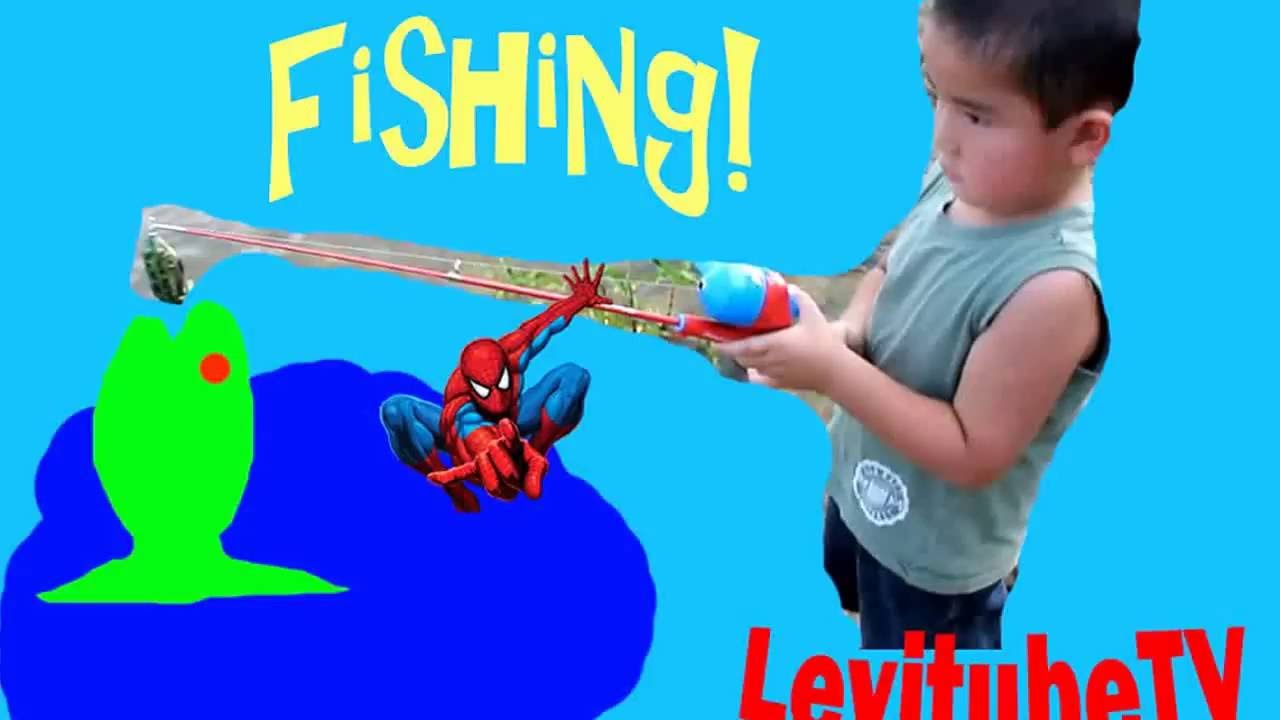 Fishing Kid Levi fishing with Spiderman Fishing Pole fun activity for kids outdoor play time nature